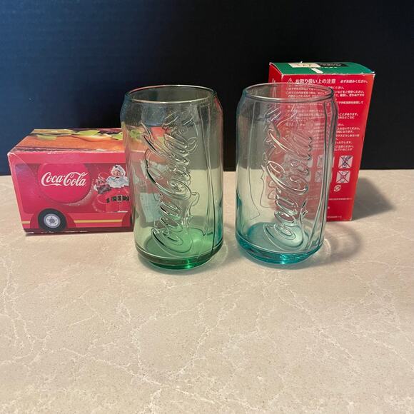 Vintage Coca Cola can shape glasses green Lot of 2 japan McDonalds collaboration - Picture 1 of 9
